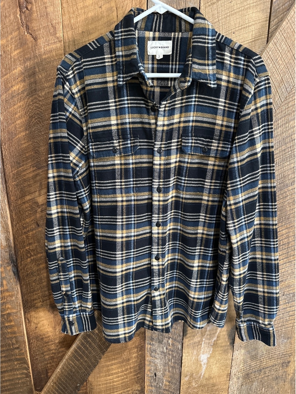 Lucky Brand Men's Humboldt Woven Plaid Flannel Shirt Size Large Navy Yellow 2025